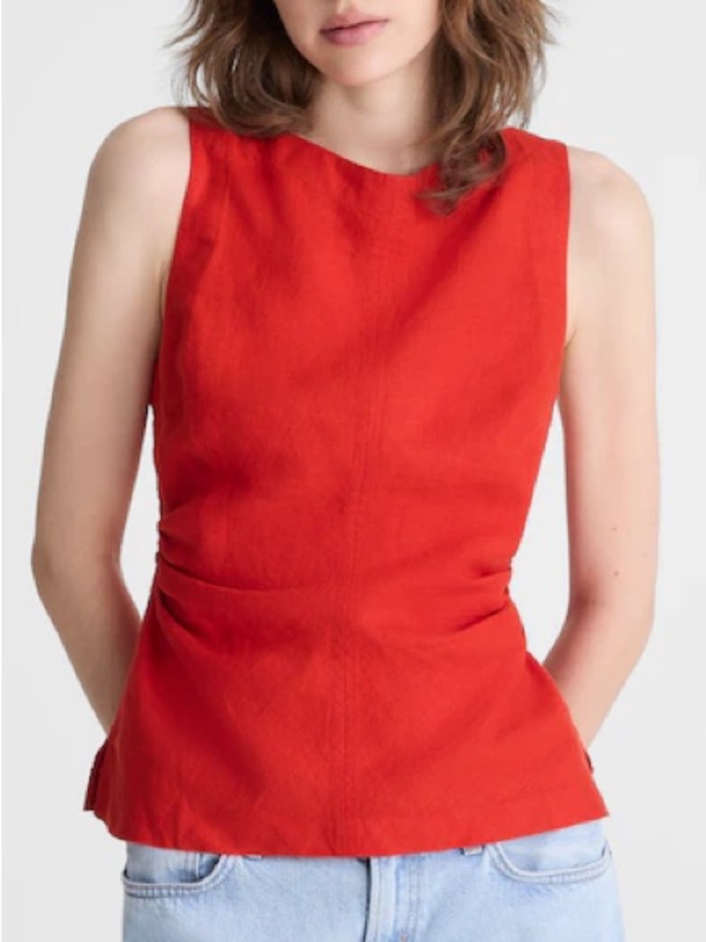 Madewell Cinched Boatneck Sleeveless Top in 100% Linen Wild Poppy Red